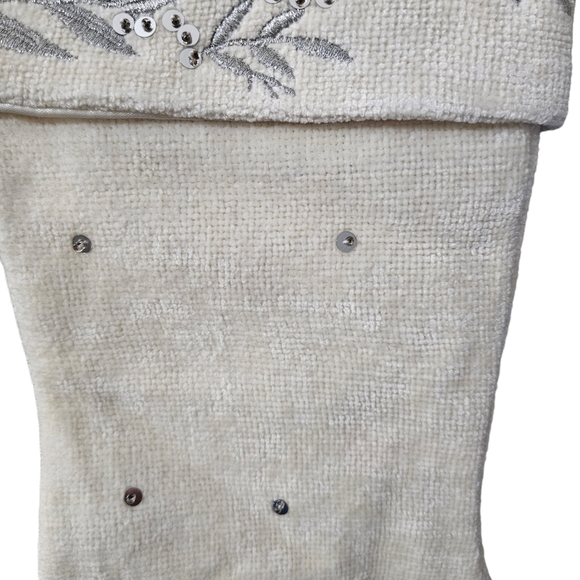 Winter White Velvet Stockings W/ Holly & Berries Embroidered Along With Sequins - Picture 2 of 6